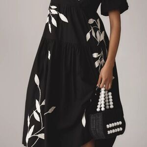 Anthropologie Black and Cream Embroidered Floral Dress